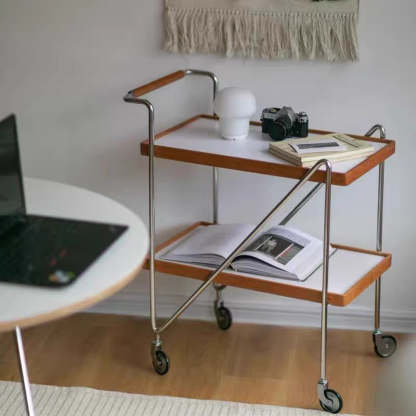 Retro Solid Wood Tray 2-Tier Rolling Cart