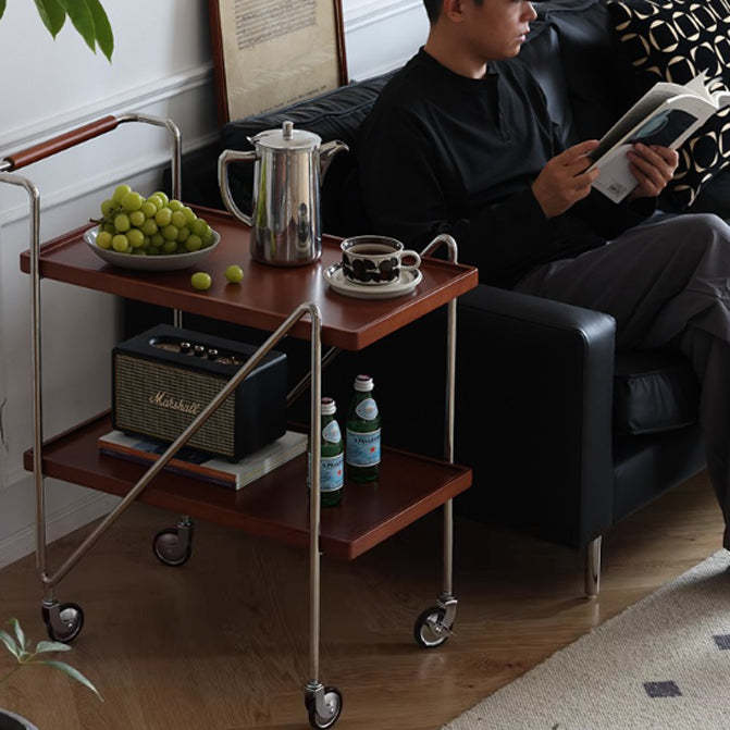 Retro Solid Wood Tray 2-Tier Rolling Cart