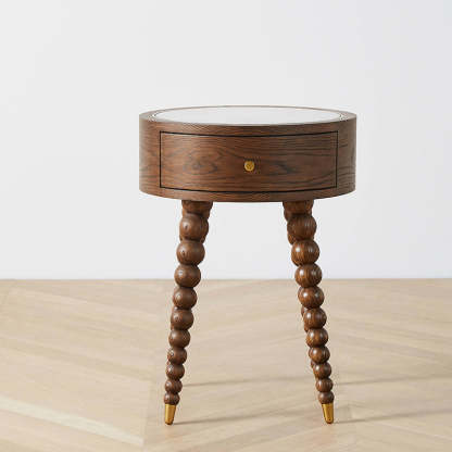 European Walnut Roman Column 1-Drawer Nightstand — Walnut Wood Color