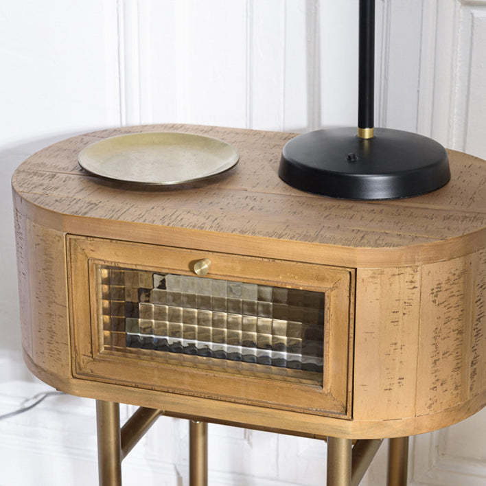 Japanese Oval Wood Metal Leg 1-Drawer Nightstand