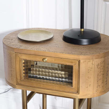 Japanese Oval Wood Metal Leg 1-Drawer Nightstand