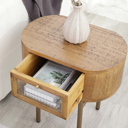 Japanese Oval Wood Metal Leg 1-Drawer Nightstand
