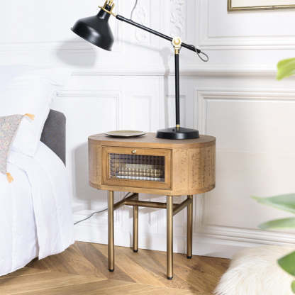 Japanese Oval Wood Metal Leg 1-Drawer Nightstand