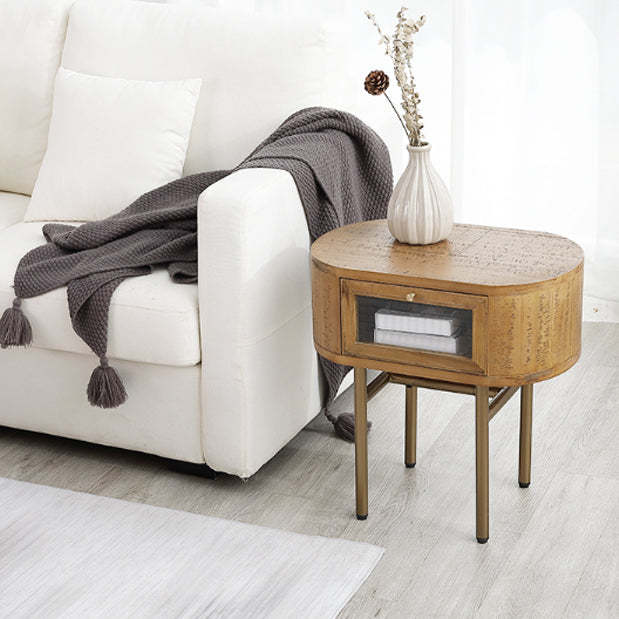 Japanese Oval Wood Metal Leg 1-Drawer Nightstand