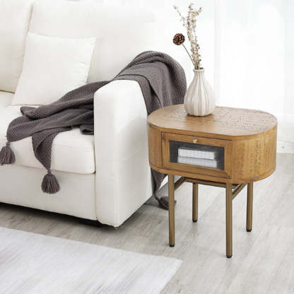 Japanese Oval Wood Metal Leg 1-Drawer Nightstand