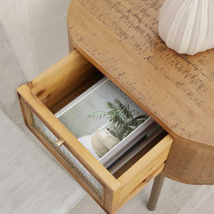 Japanese Oval Wood Metal Leg 1-Drawer Nightstand