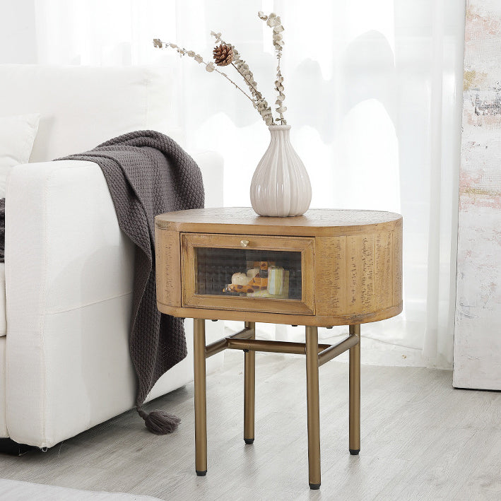 Japanese Oval Wood Metal Leg 1-Drawer Nightstand