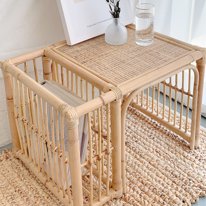 Japanese Tatami Bamboo Rattan Woven End Table
