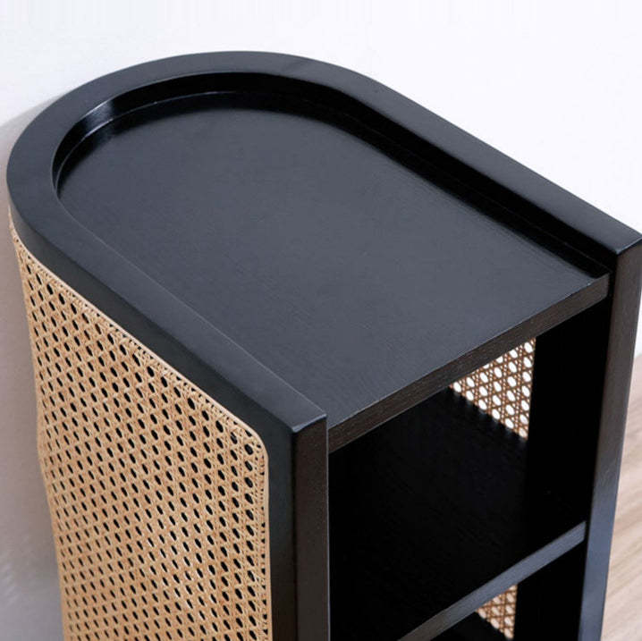 Retro Curved Rattan Solid Wood 2-Tier Nightstand
