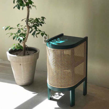 Retro Curved Rattan Solid Wood 2-Tier Nightstand