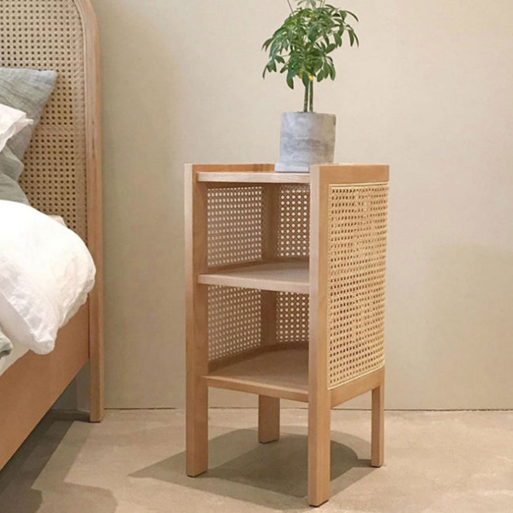 Retro Curved Rattan Solid Wood 2-Tier Nightstand