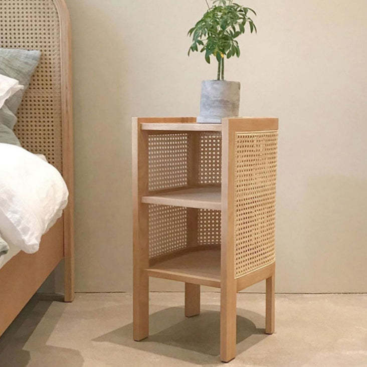 Retro Curved Rattan Solid Wood 2-Tier Nightstand