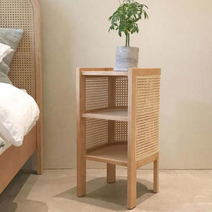 Retro Curved Rattan Solid Wood 2-Tier Nightstand