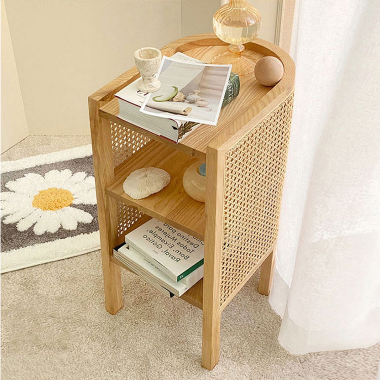 Retro Curved Rattan Solid Wood 2-Tier Nightstand