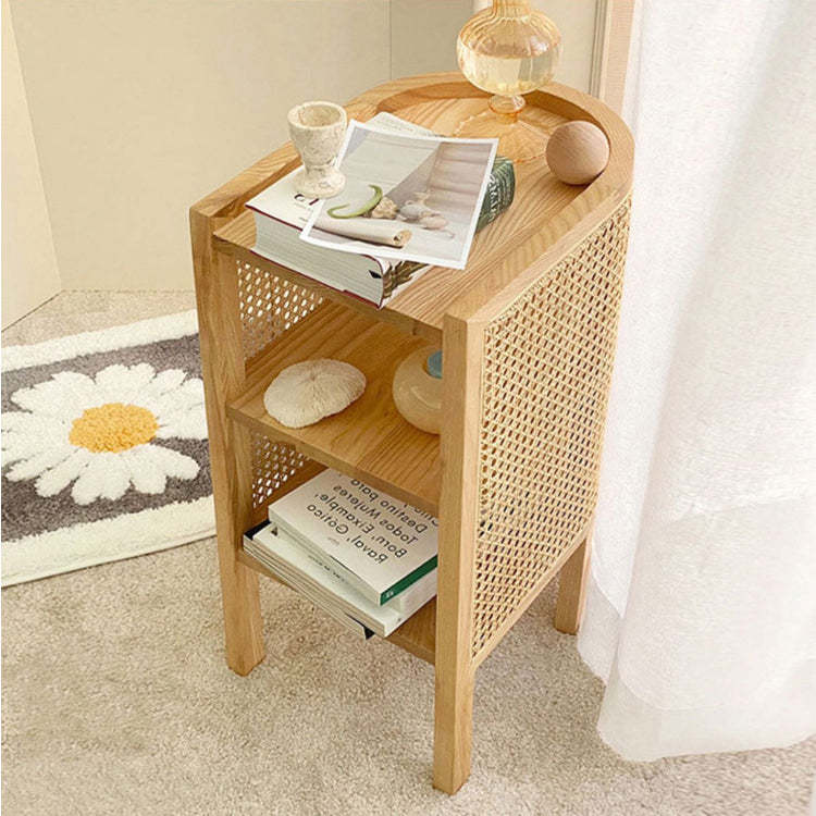 Retro Curved Rattan Solid Wood 2-Tier Nightstand