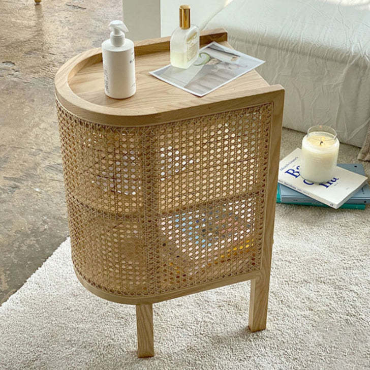 Retro Curved Rattan Solid Wood 2-Tier Nightstand