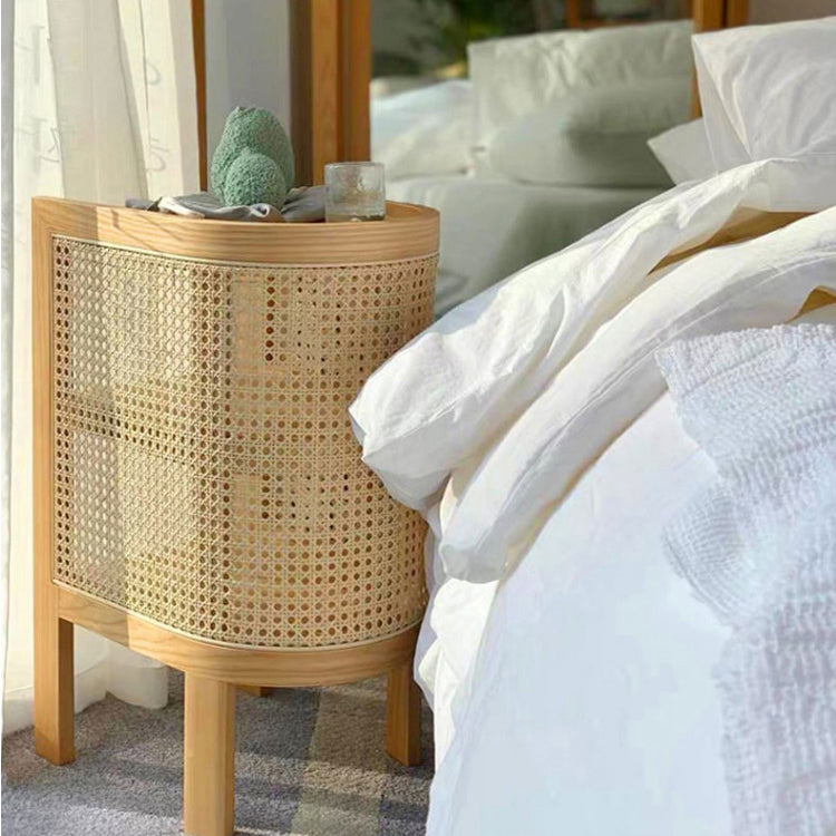 Retro Curved Rattan Solid Wood 2-Tier Nightstand