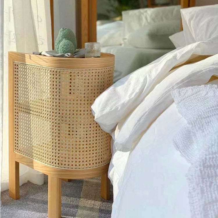 Retro Curved Rattan Solid Wood 2-Tier Nightstand