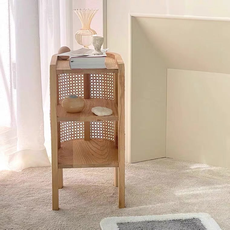 Retro Curved Rattan Solid Wood 2-Tier Nightstand