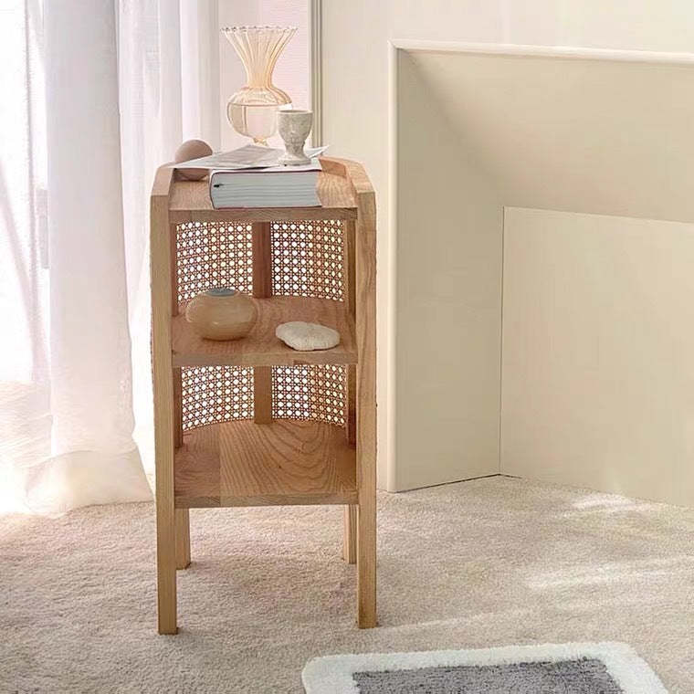 Retro Curved Rattan Solid Wood 2-Tier Nightstand