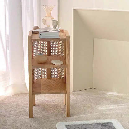 Retro Curved Rattan Solid Wood 2-Tier Nightstand