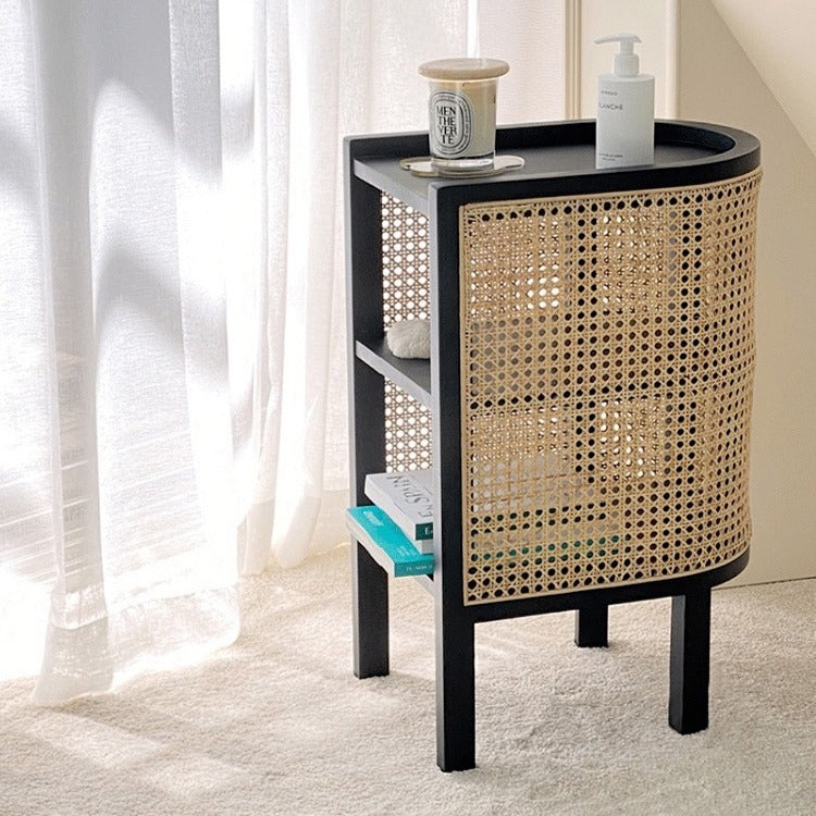 Retro Curved Rattan Solid Wood 2-Tier Nightstand