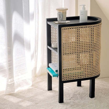 Retro Curved Rattan Solid Wood 2-Tier Nightstand