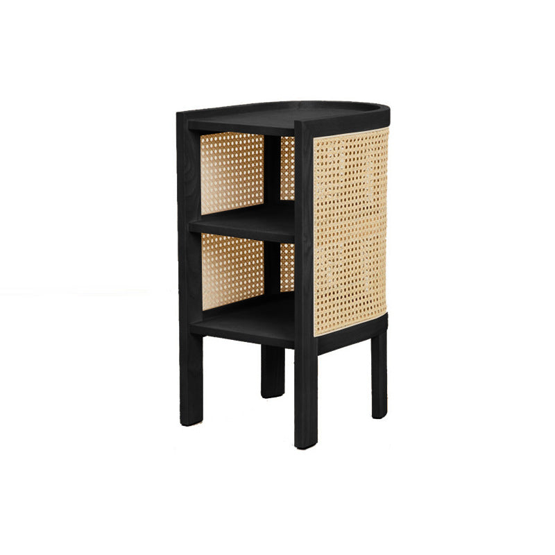 Retro Curved Rattan Solid Wood 2-Tier Nightstand