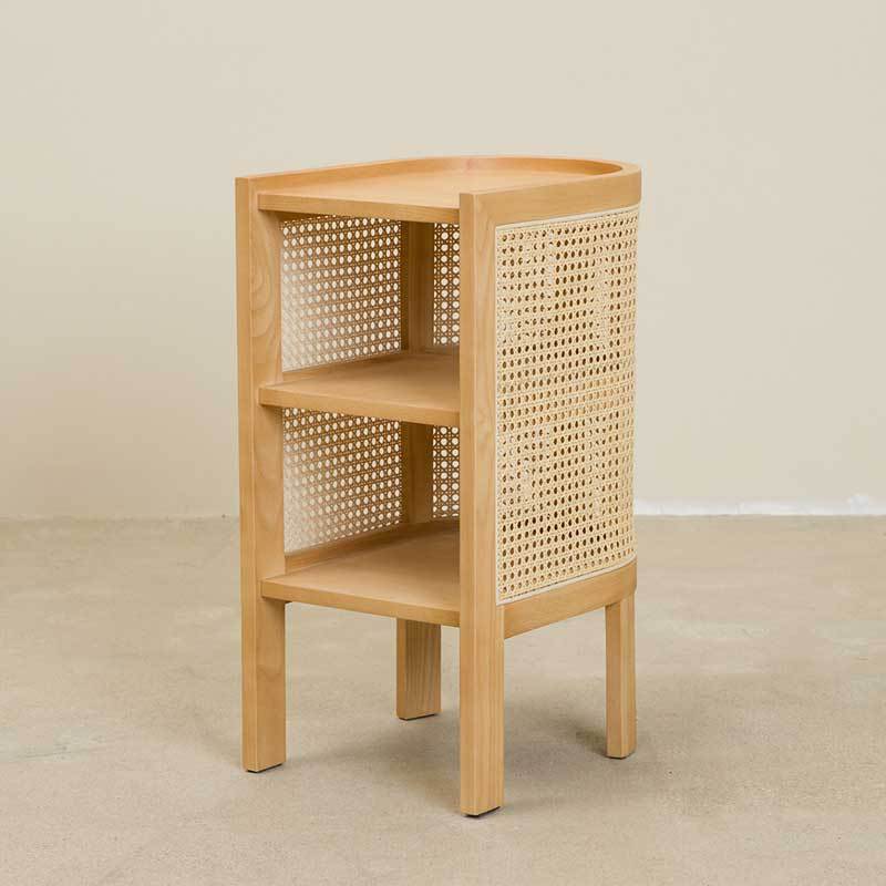 Retro Curved Rattan Solid Wood 2-Tier Nightstand — Wood Color