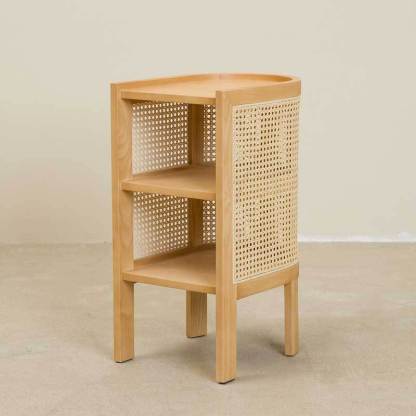 Retro Curved Rattan Solid Wood 2-Tier Nightstand — Wood Color