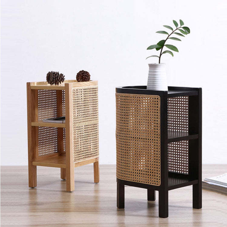 Retro Curved Rattan Solid Wood 2-Tier Nightstand — Black