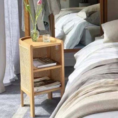Retro Curved Rattan Solid Wood 2-Tier Nightstand