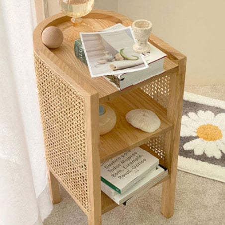 Retro Curved Rattan Solid Wood 2-Tier Nightstand