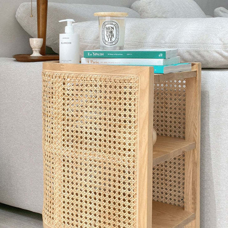 Retro Curved Rattan Solid Wood 2-Tier Nightstand