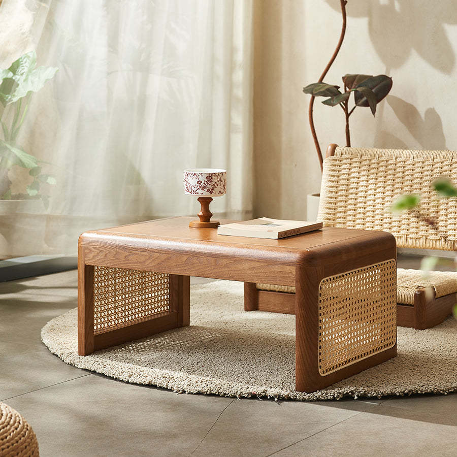 Japanese Tatami Rattan Wood Coffee Table — Walnut Wood Color