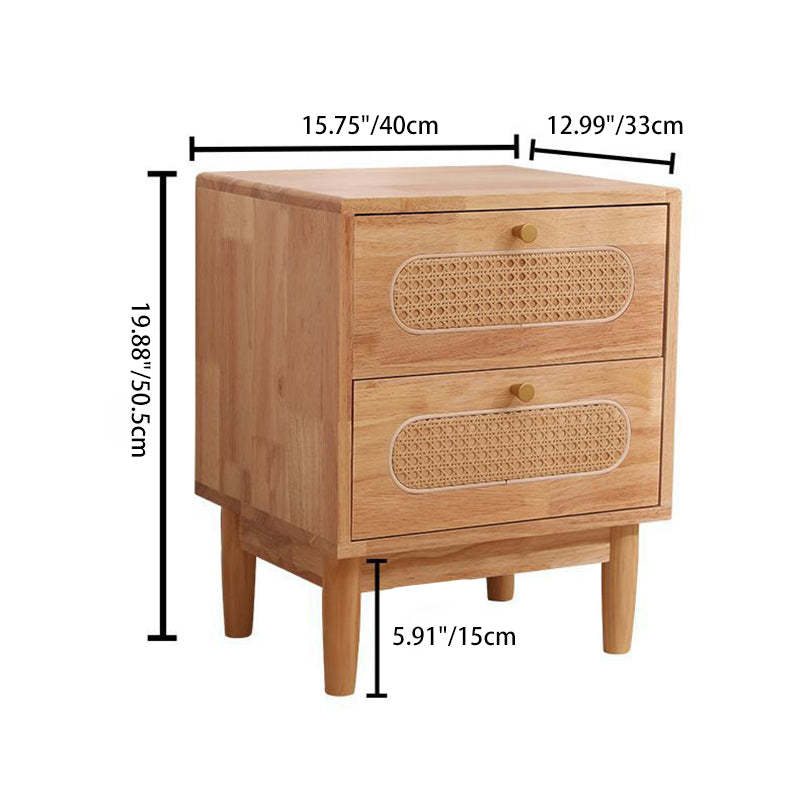 Vintage Wood Rattan Woven 2-Drawer Nightstand — Walnut Wood Color