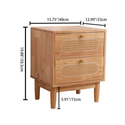 Vintage Wood Rattan Woven 2-Drawer Nightstand — Walnut Wood Color