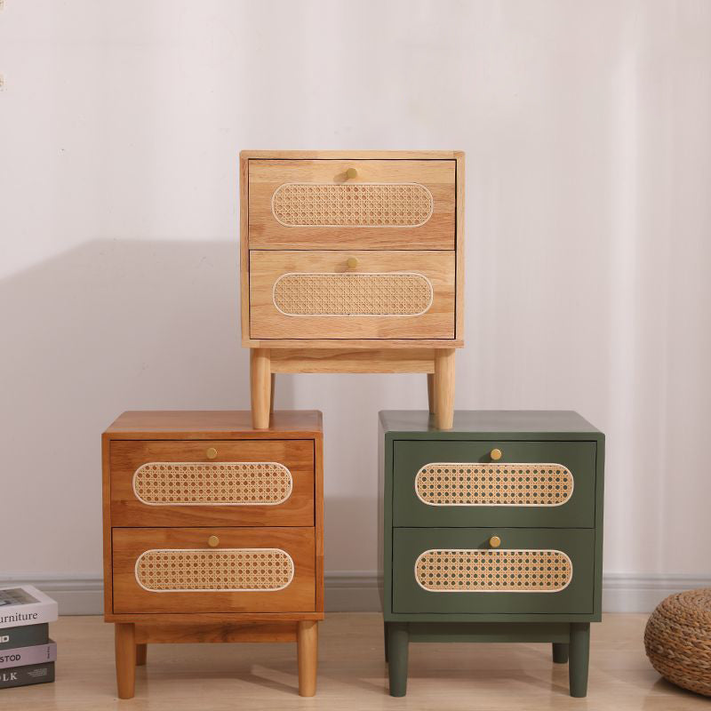 Vintage Wood Rattan Woven 2-Drawer Nightstand