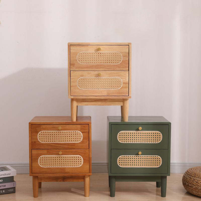 Vintage Wood Rattan Woven 2-Drawer Nightstand