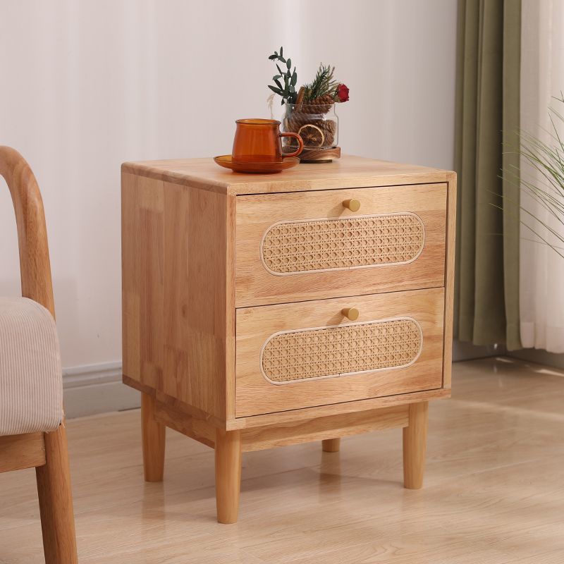 Vintage Wood Rattan Woven 2-Drawer Nightstand