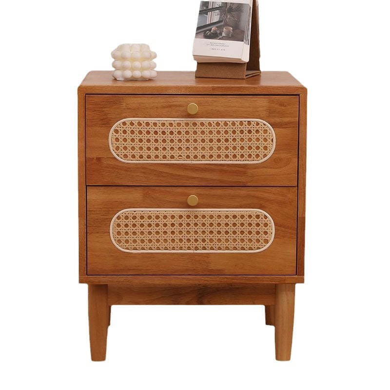 Vintage Wood Rattan Woven 2-Drawer Nightstand