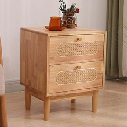 Vintage Wood Rattan Woven 2-Drawer Nightstand — Original Wood Color