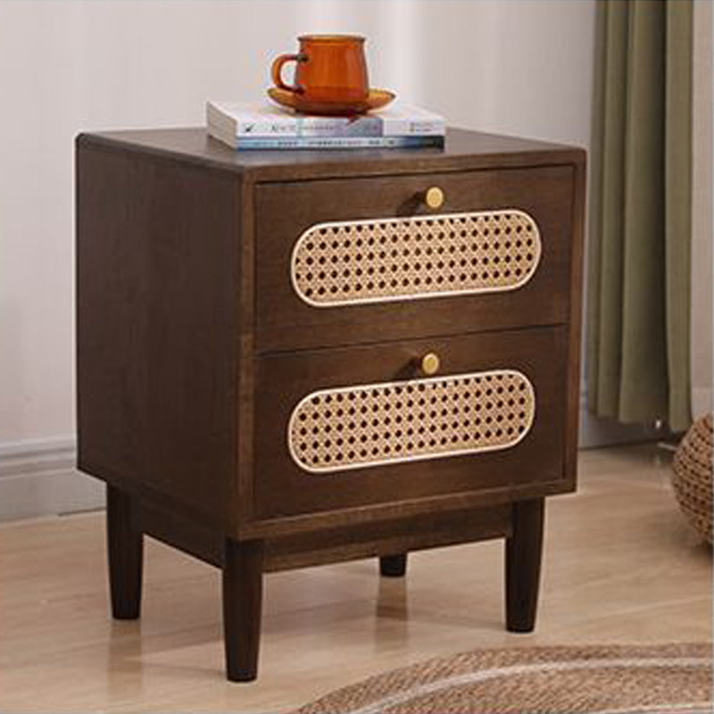 Vintage Wood Rattan Woven 2-Drawer Nightstand — Cherry Wood Color