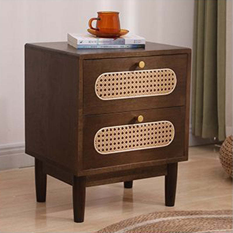 Vintage Wood Rattan Woven 2-Drawer Nightstand — Cherry Wood Color