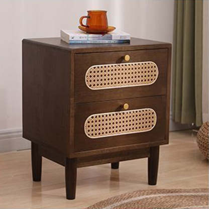 Vintage Wood Rattan Woven 2-Drawer Nightstand — Cherry Wood Color