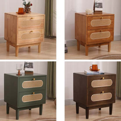 Vintage Wood Rattan Woven 2-Drawer Nightstand