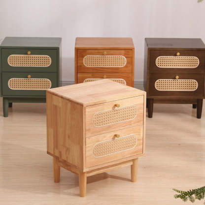 Vintage Wood Rattan Woven 2-Drawer Nightstand