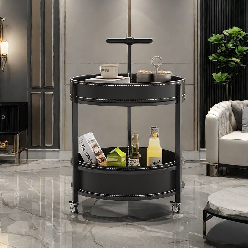 Contemporary Leather Iron 2-Tier Round Rolling End Table — White