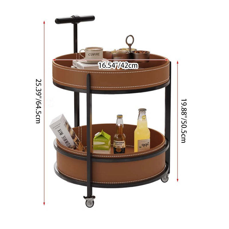 Contemporary Leather Iron 2-Tier Round Rolling End Table — Gray