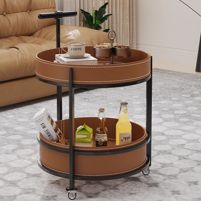 Contemporary Leather Iron 2-Tier Round Rolling End Table
